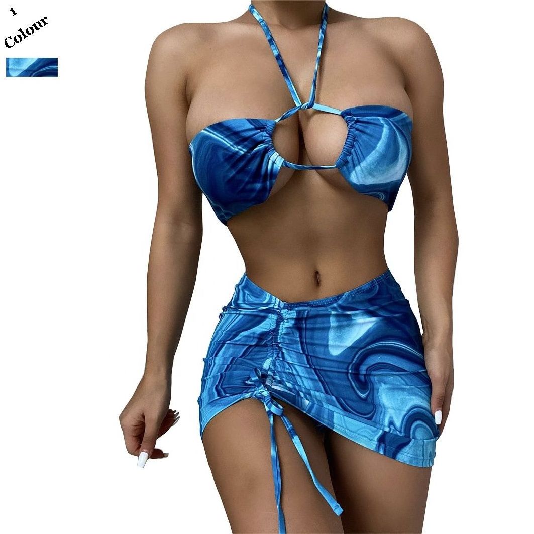 Swimsuit Women Halter Micro Three Piece Bikini High Waist Swimwear 2021 Sexy Print Beachwear Bathing Suit Biquini