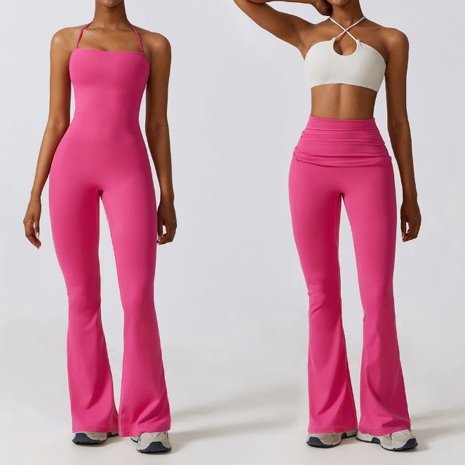 Custom Logo Fashion design Solid Yoga Rompers Women Jogging Wear One Piece Flare Leggings Compression Bodycon Jumpsuit