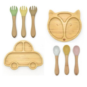 Custom Car Fox Animal Shape Bamboo Baby Plate Silicone Suction Bamboo Plates Spoon Fork Set  Laser Printing Logo Wholesale