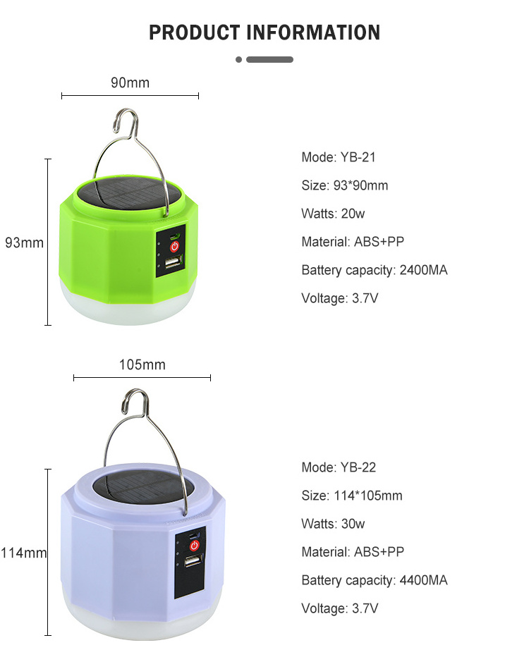 Outdoor camping emergency light 20w 30w portable usb mobile charger solar led bulb battery light bulb