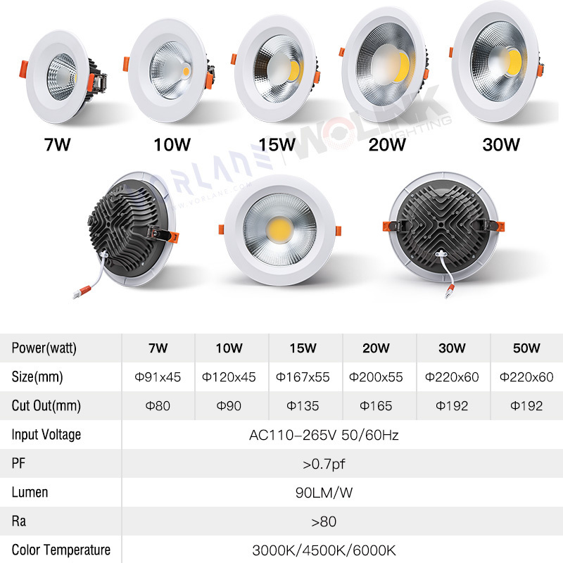 Home Office high lumen 3000K 4500K 6000K indoor led downlights anti glare spot ceiling down light COB