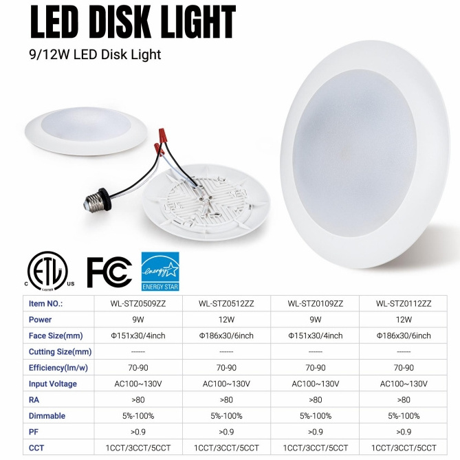 ETL Panel light Indoor lighting engineering project 1CCT 3CCT 5CCT 4inch 6inch 9W 12W led disk light