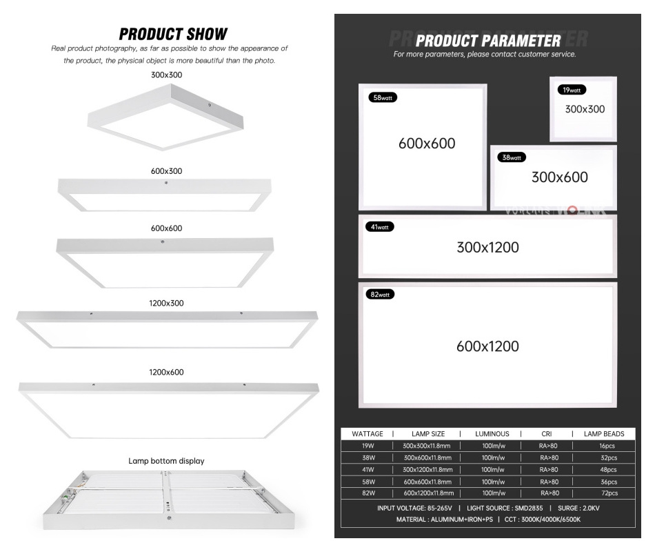 Customized 595x595 backlit led panellight Ceiling square 2x4 1x4 surface mount led flat panel light