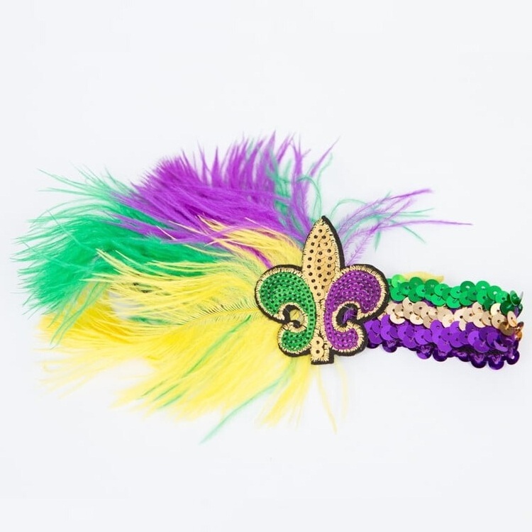 Women's Feather Headband Flapper Shiny Sequin Hair Headpiece Mardi Gras