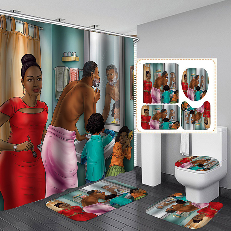 Cross Border African Woman Series Shower Curtain 4 Piece Bathroom Set Privacy Curtain Toilet Partition Curtain Toilet Mat Footpa