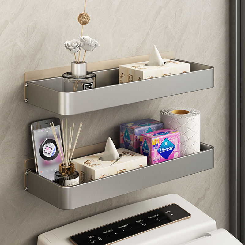 Gunmetal grey shelf above bathroom supplies wall mounted hole-free storage storage toilet bathroom washroom shelf