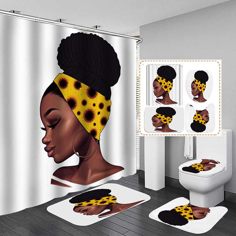 Cross Border African Woman Series Shower Curtain 4 Piece Bathroom Set Privacy Curtain Toilet Partition Curtain Toilet Mat Footpa