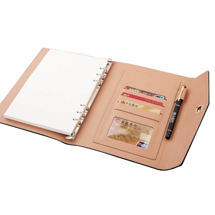 Custom personal business set pu leather bound journal 6 ring binder organizer planner with metal button closure