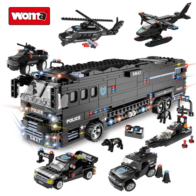 WOMA TOYS Own Brand Student Bricks SWAT Mobile combat bus police car army model building block set for kids large set Zabawka