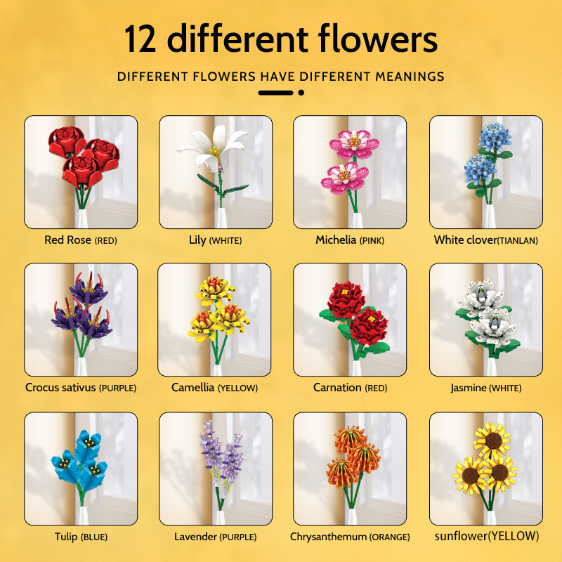 WOMA TOYS 12 in 1 bricks flower bouquet kids construction set diy mini block flower bricks building block sets girl brick toys