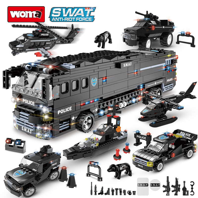 WOMA TOYS Own Brand Student Bricks SWAT Mobile combat bus police car army model building block set for kids large set Zabawka