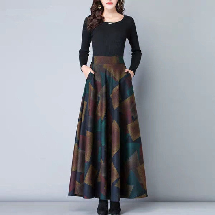 New winter large size women's wool tartan plaid half skirt a word skirt swing long skirt