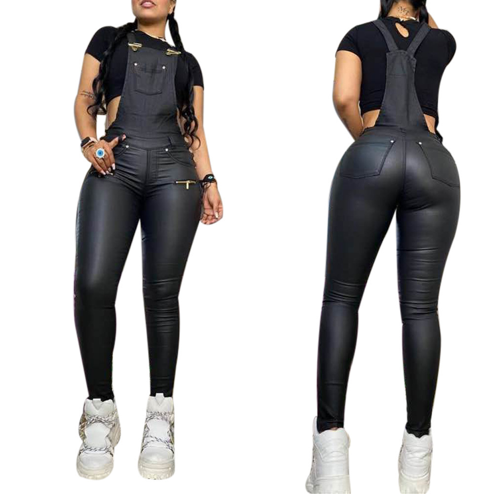 Hot sale leather suspenders for women Black leather overalls for women baggy overalls for women jumpsuit