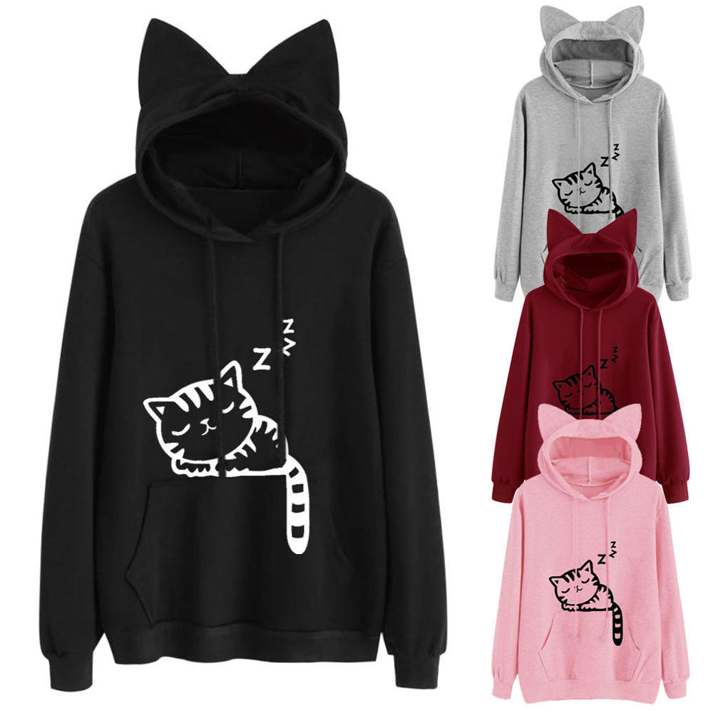 New ladies cat ears pullover long-sleeved hooded sweatshirt casual tops