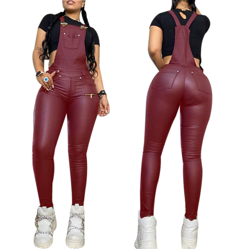 Hot sale leather suspenders for women Black leather overalls for women baggy overalls for women jumpsuit