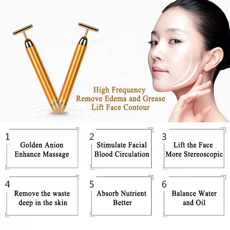 Electric Facial Massager Gold Face Lifting Device Energy Beauty Bar Face Massager Tool with 4 Replaceable Heads