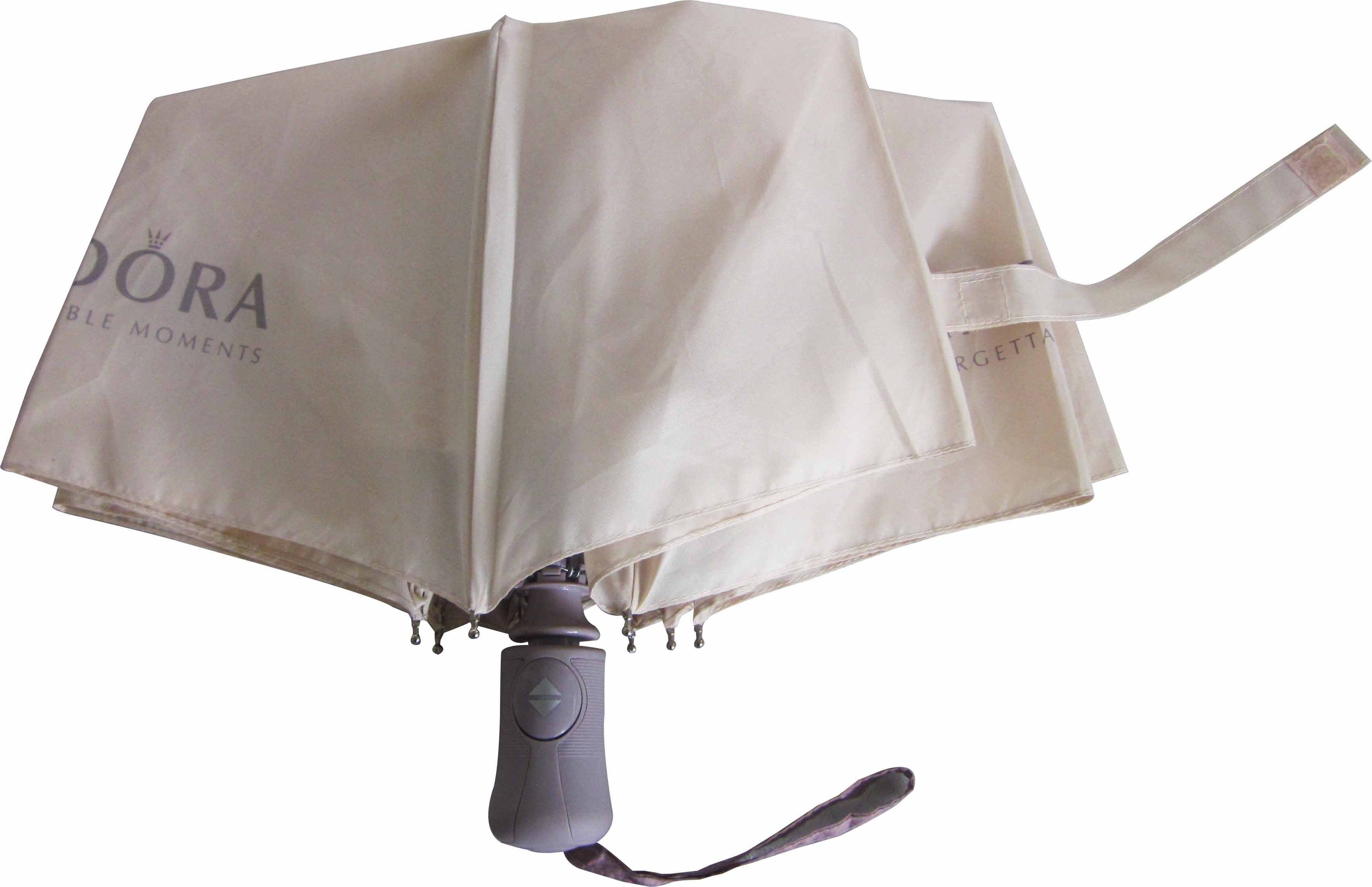 Three fold auto open close beige color recyclable RPET umbrella