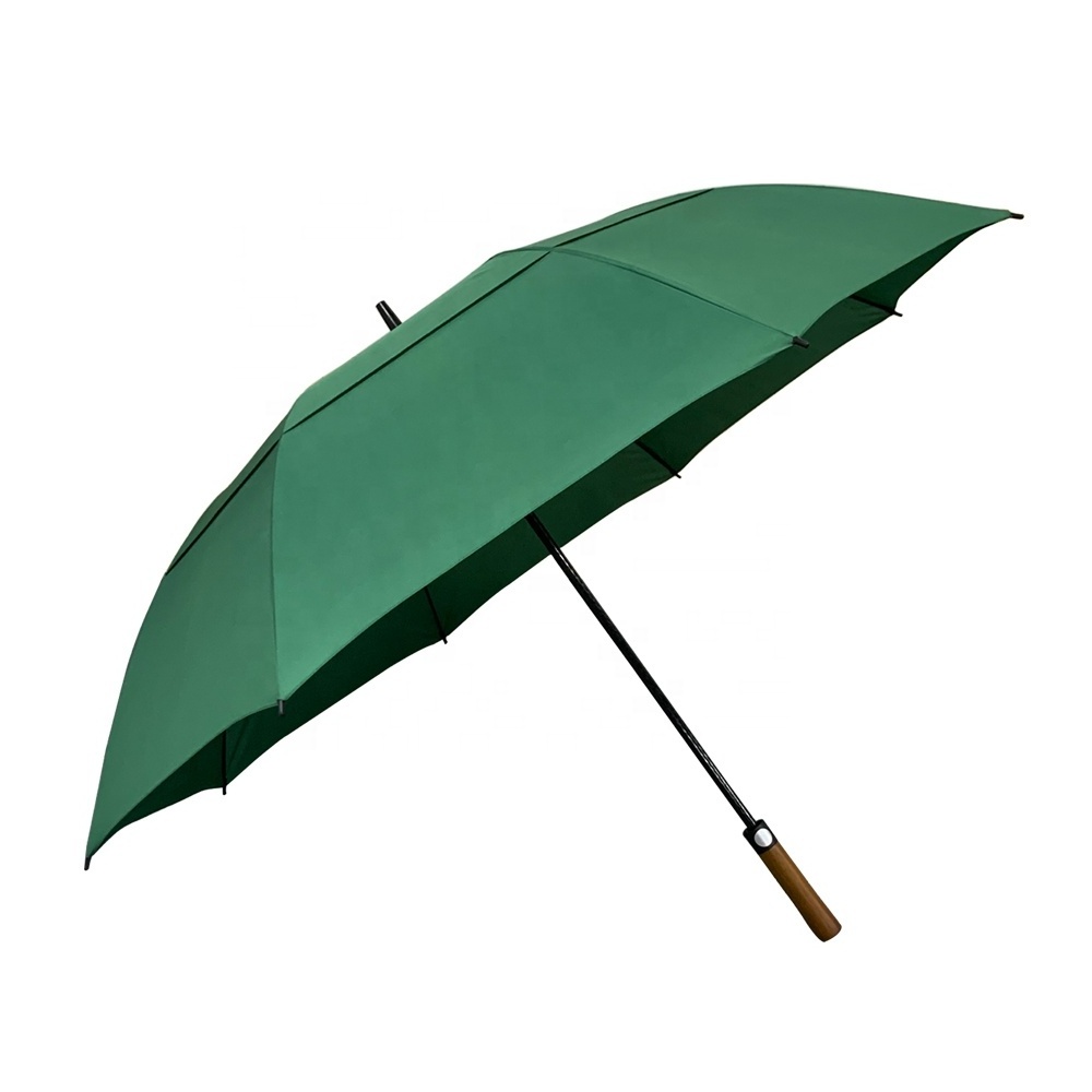 High Quality Green Colour 30Inch Semi-Automatic Wooden Handle Double Canopy Air Vented Golf Umbrella With Logo Custom