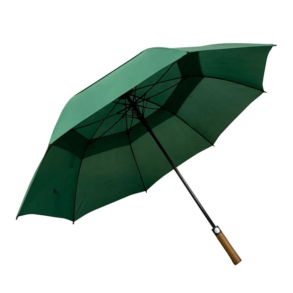 High Quality Green Colour 30Inch Semi-Automatic Wooden Handle Double Canopy Air Vented Golf Umbrella With Logo Custom