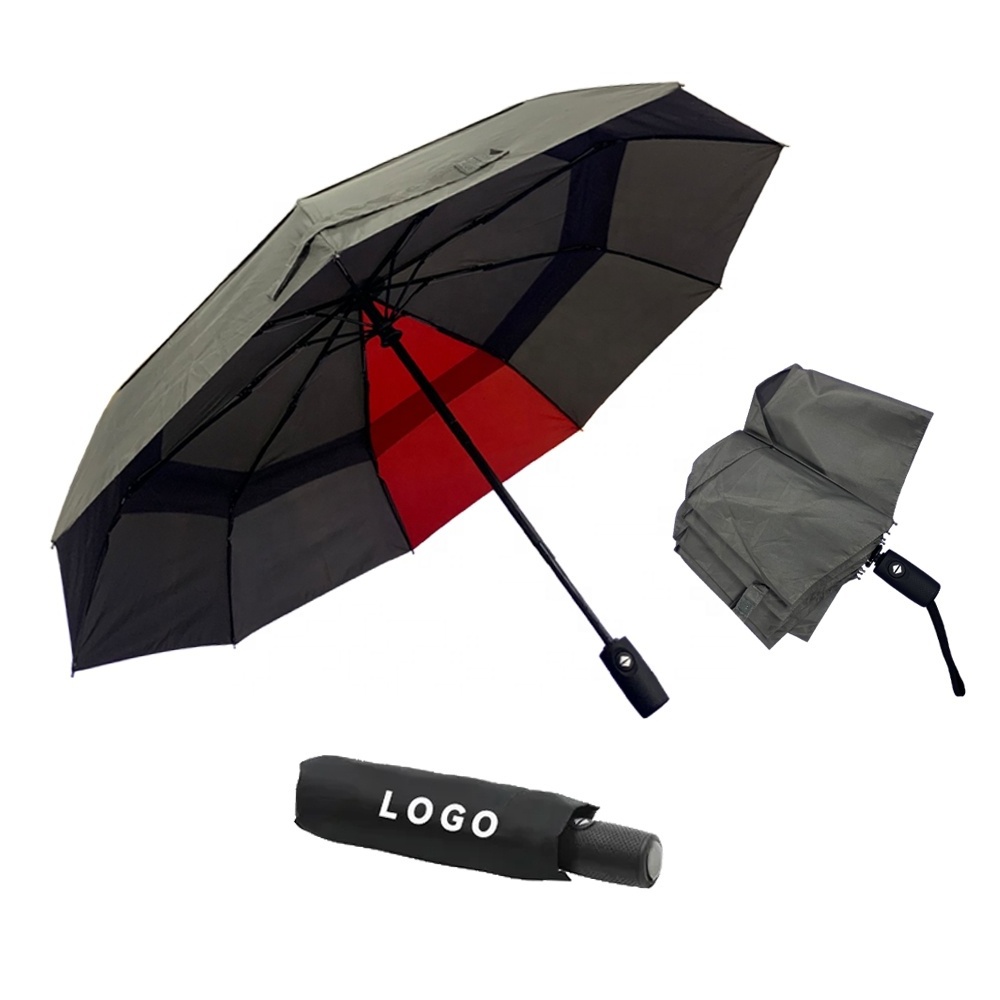 High Quality 21Inch 9Ribs RPET Auto Open And Close Double Canopy 3 Fold Umbrella With Custom Logo