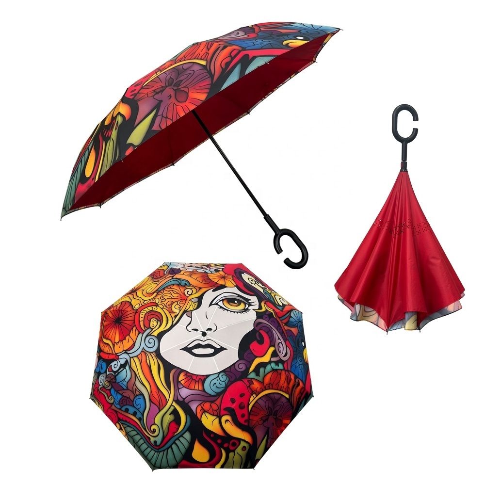 High quality novelty 23inch Digital printing splice umbrella  C handle double Layer straight reverse umbrella