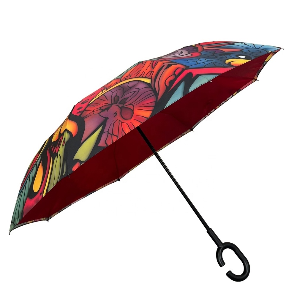 High quality novelty 23inch Digital printing splice umbrella  C handle double Layer straight reverse umbrella