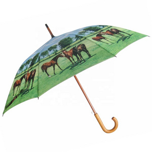 23inch*8k straight auto open wooden shaft and wooden handle umbrella with customized horse design heat transfer print