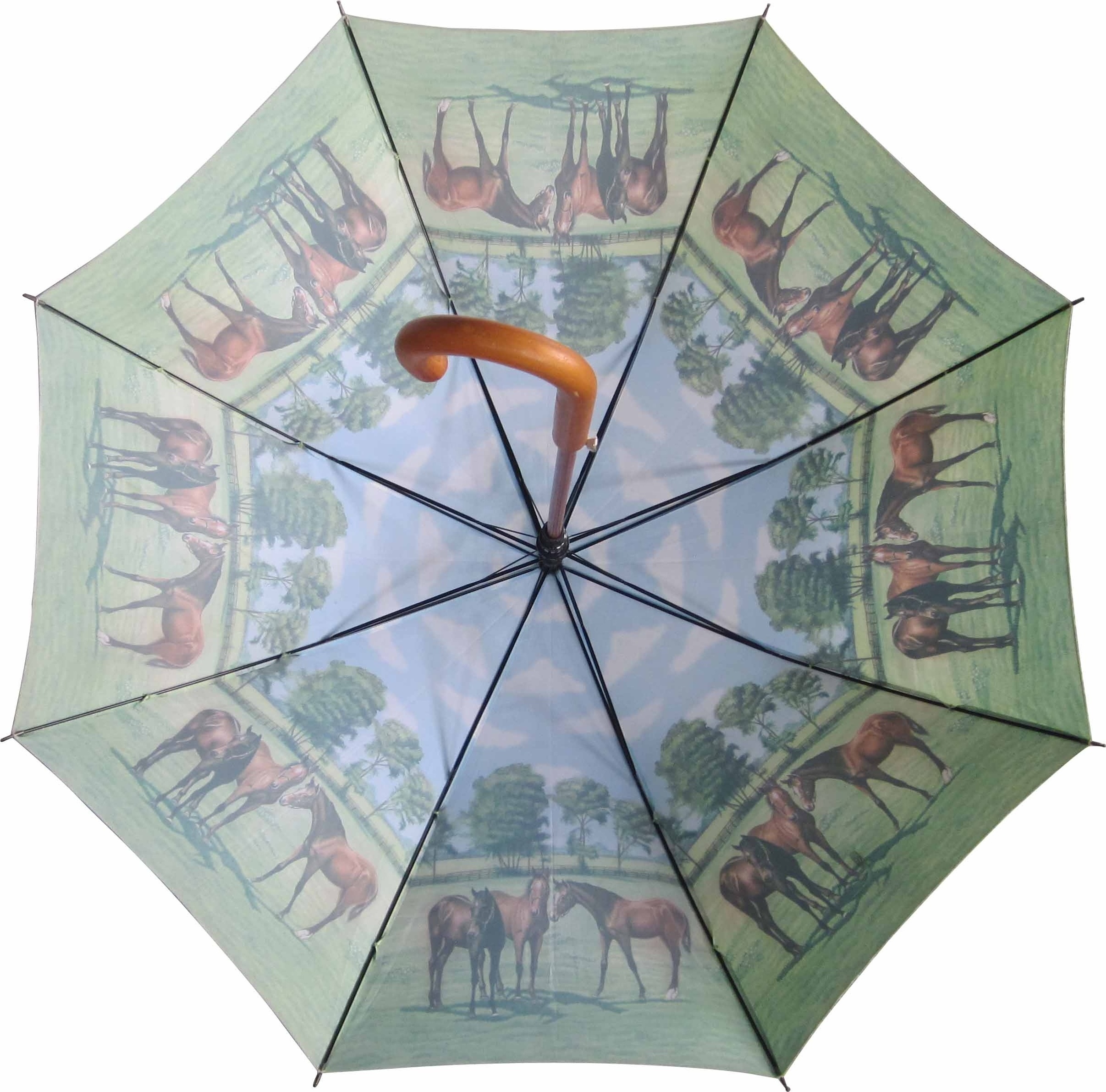 23inch*8k straight auto open wooden shaft and wooden handle umbrella with customized horse design heat transfer print