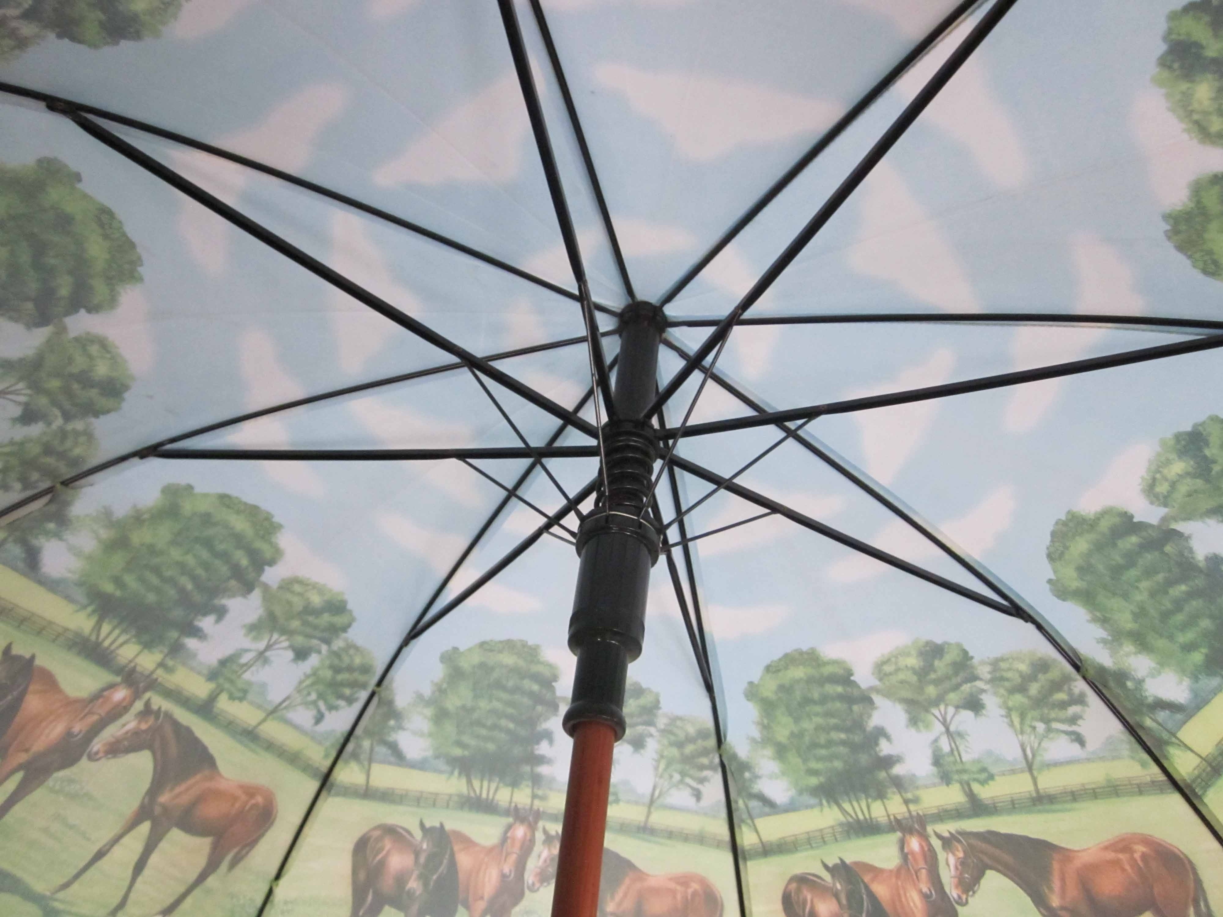 23inch*8k straight auto open wooden shaft and wooden handle umbrella with customized horse design heat transfer print