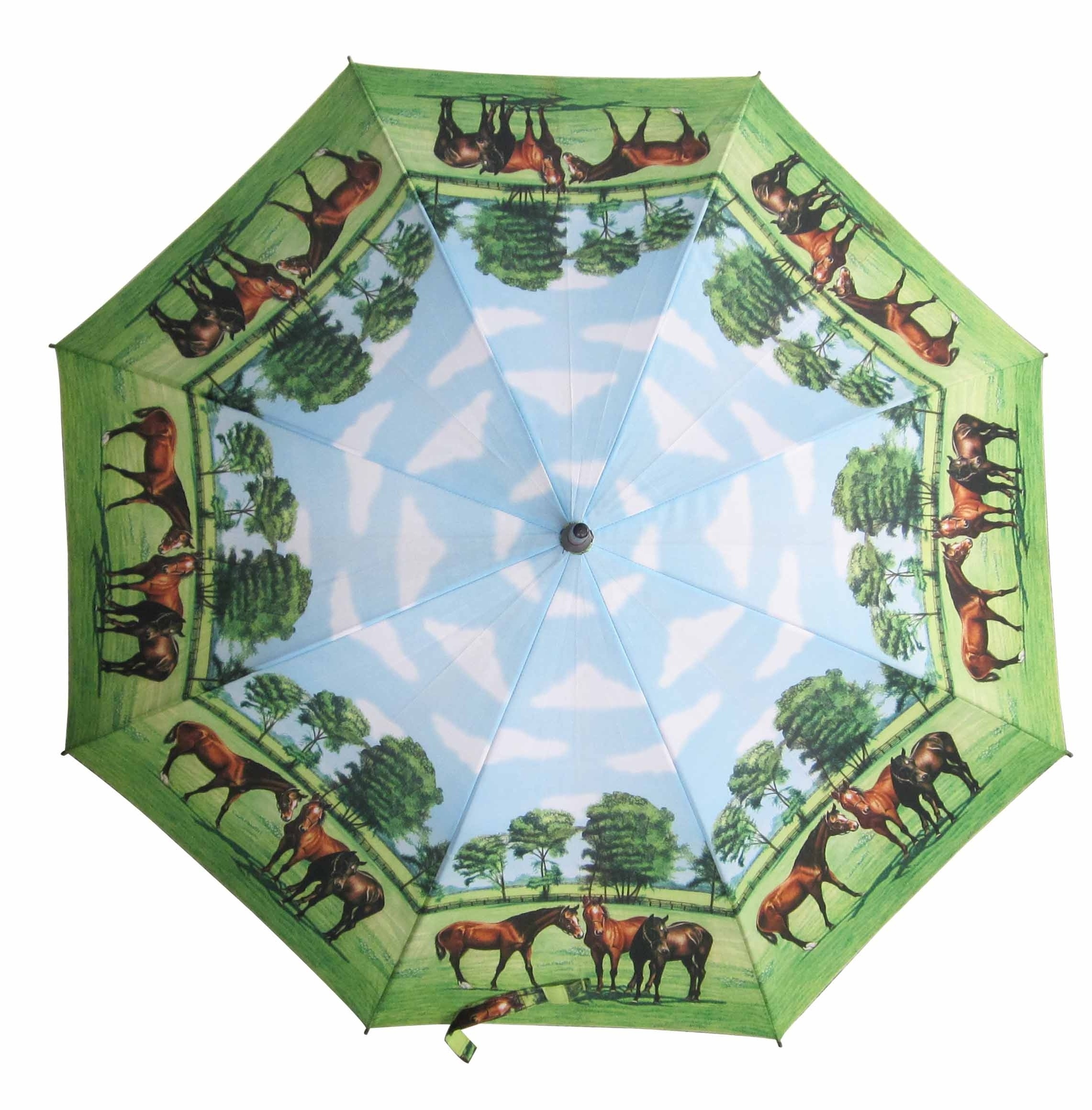 23inch*8k straight auto open wooden shaft and wooden handle umbrella with customized horse design heat transfer print