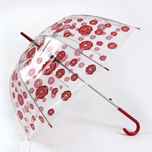 21"8k Light Weight Fashionable Red Lip Print Auto Open Transparent  Dome Umbrella for Lady