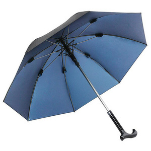 23"* 8K Promotional Special Design Multifunctional Black Crutch Handle Cane Straight Umbrella with Custom Logo for Elderly