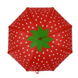 23inch Fashion 8ribs Auto Open Apollo Arched Cute Strawberry Fruit Print Umbrella with Long Leather Handle for Lady