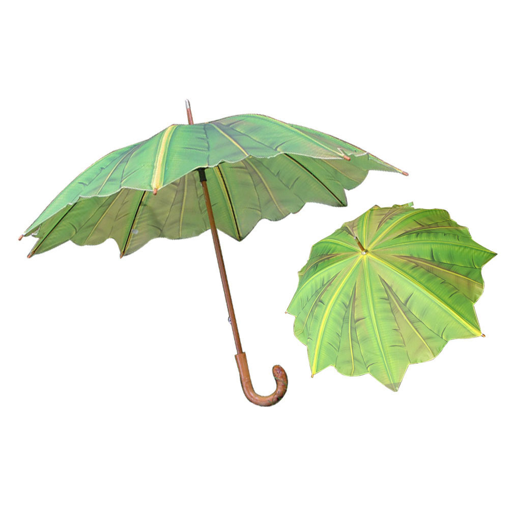 23inch*8k tropical custom wave shaped banana leaf umbrella with bamboo curved handle for promotion