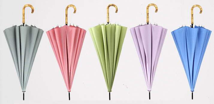 Low MOQ 25inch 16ribs Creative Japanese Style Elegant Solid Color Automatic Windproof Umbrella with Long Imitated Bamboo Handle