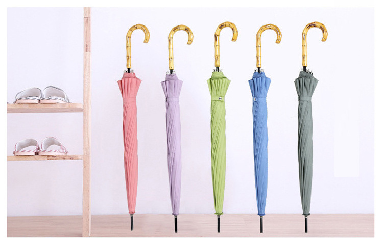 Low MOQ 25inch 16ribs Creative Japanese Style Elegant Solid Color Automatic Windproof Umbrella with Long Imitated Bamboo Handle