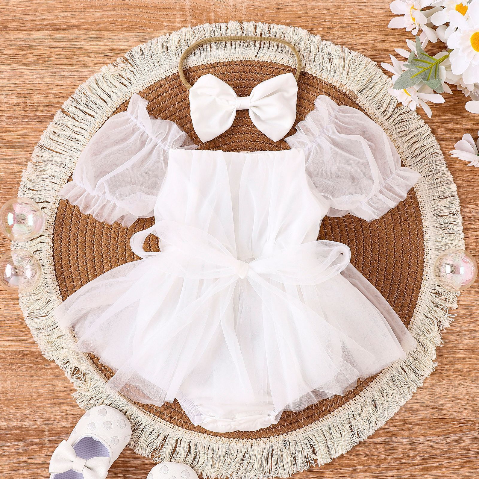 2024 Fashion Baby Girls Romper Dress Summer Short Sleeve Newborn Jumpsuits Headband Pure Color Infant Mesh Princess Outfits