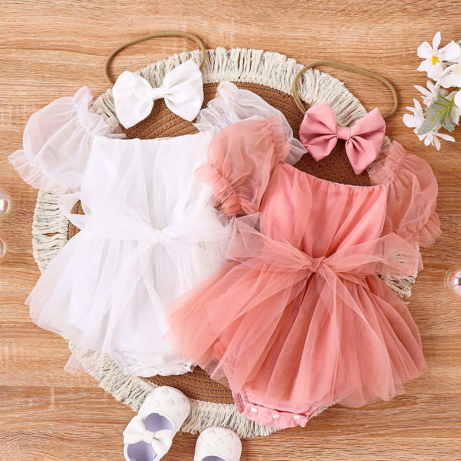 2024 Fashion Baby Girls Romper Dress Summer Short Sleeve Newborn Jumpsuits Headband Pure Color Infant Mesh Princess Outfits