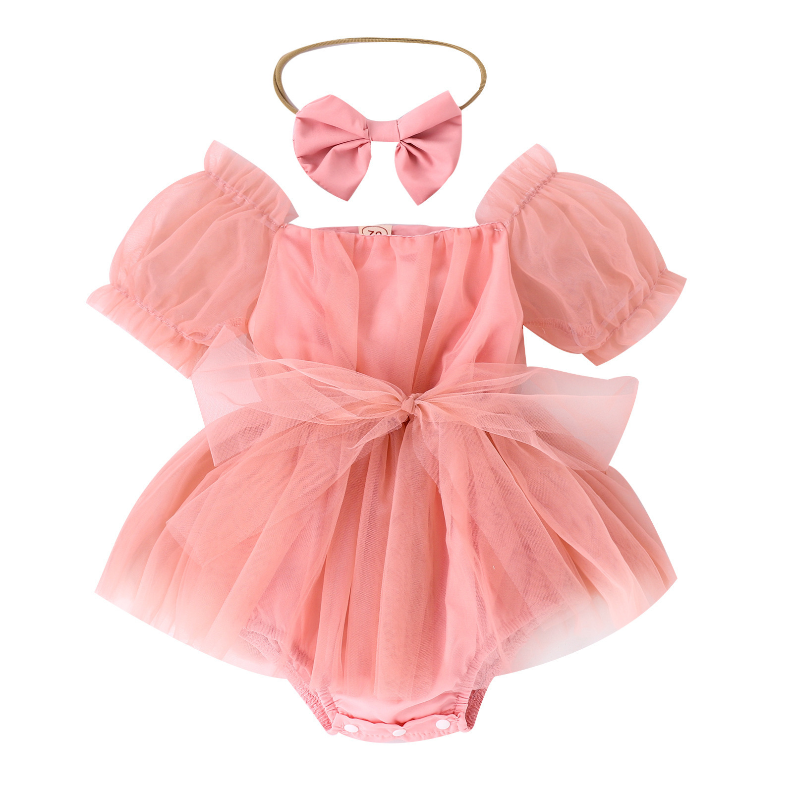 2024 Fashion Baby Girls Romper Dress Summer Short Sleeve Newborn Jumpsuits Headband Pure Color Infant Mesh Princess Outfits