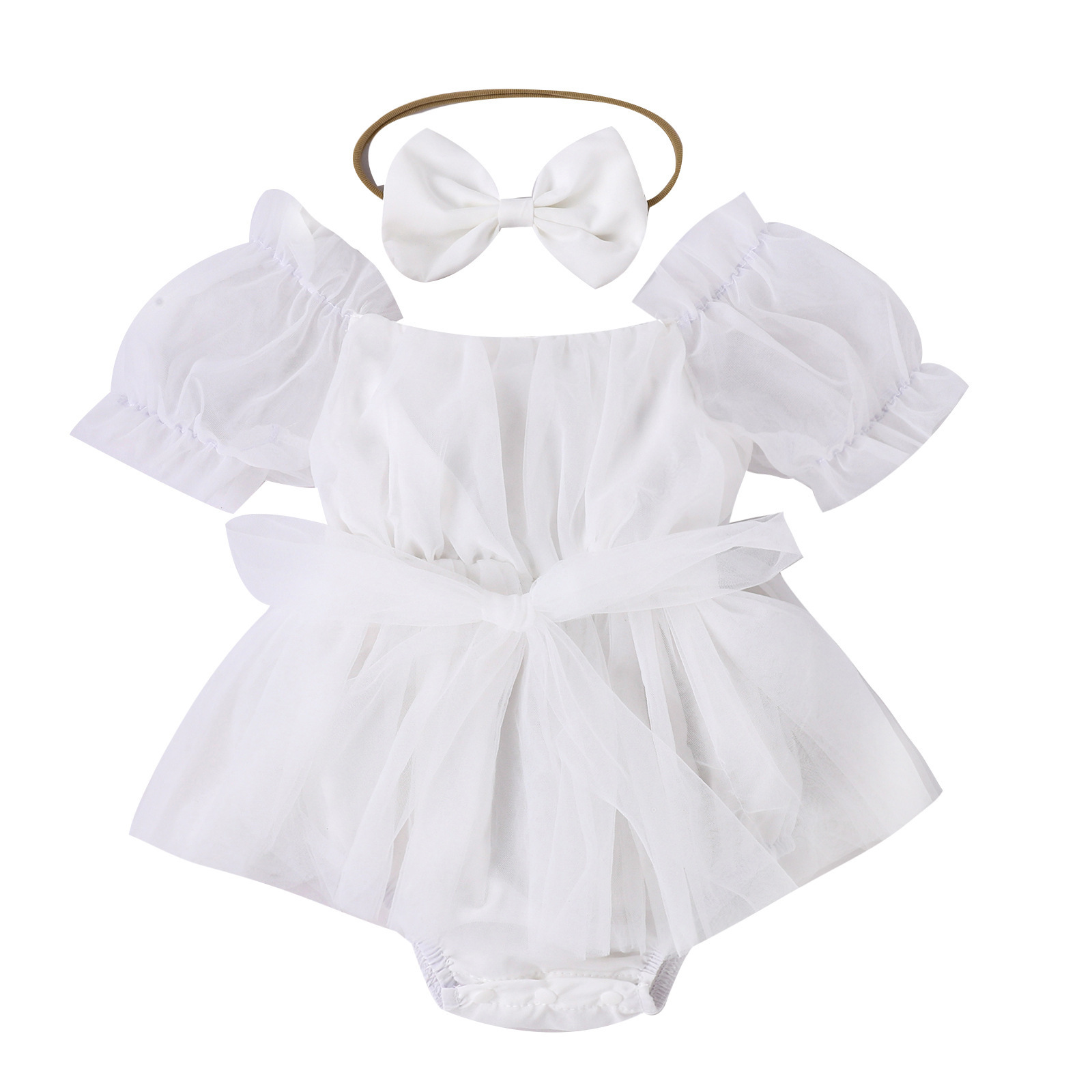 2024 Fashion Baby Girls Romper Dress Summer Short Sleeve Newborn Jumpsuits Headband Pure Color Infant Mesh Princess Outfits