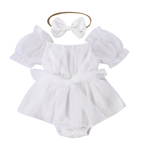 2024 Fashion Baby Girls Romper Dress Summer Short Sleeve Newborn Jumpsuits Headband Pure Color Infant Mesh Princess Outfits