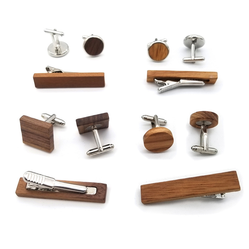 High-end wood cufflinks and clip-on bow-tie cufflinks box set round square simple European and American business shirt cuffs