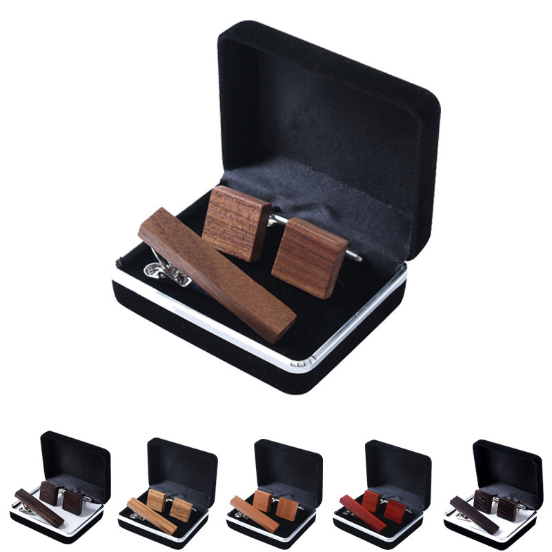 High-end wood cufflinks and clip-on bow-tie cufflinks box set round square simple European and American business shirt cuffs