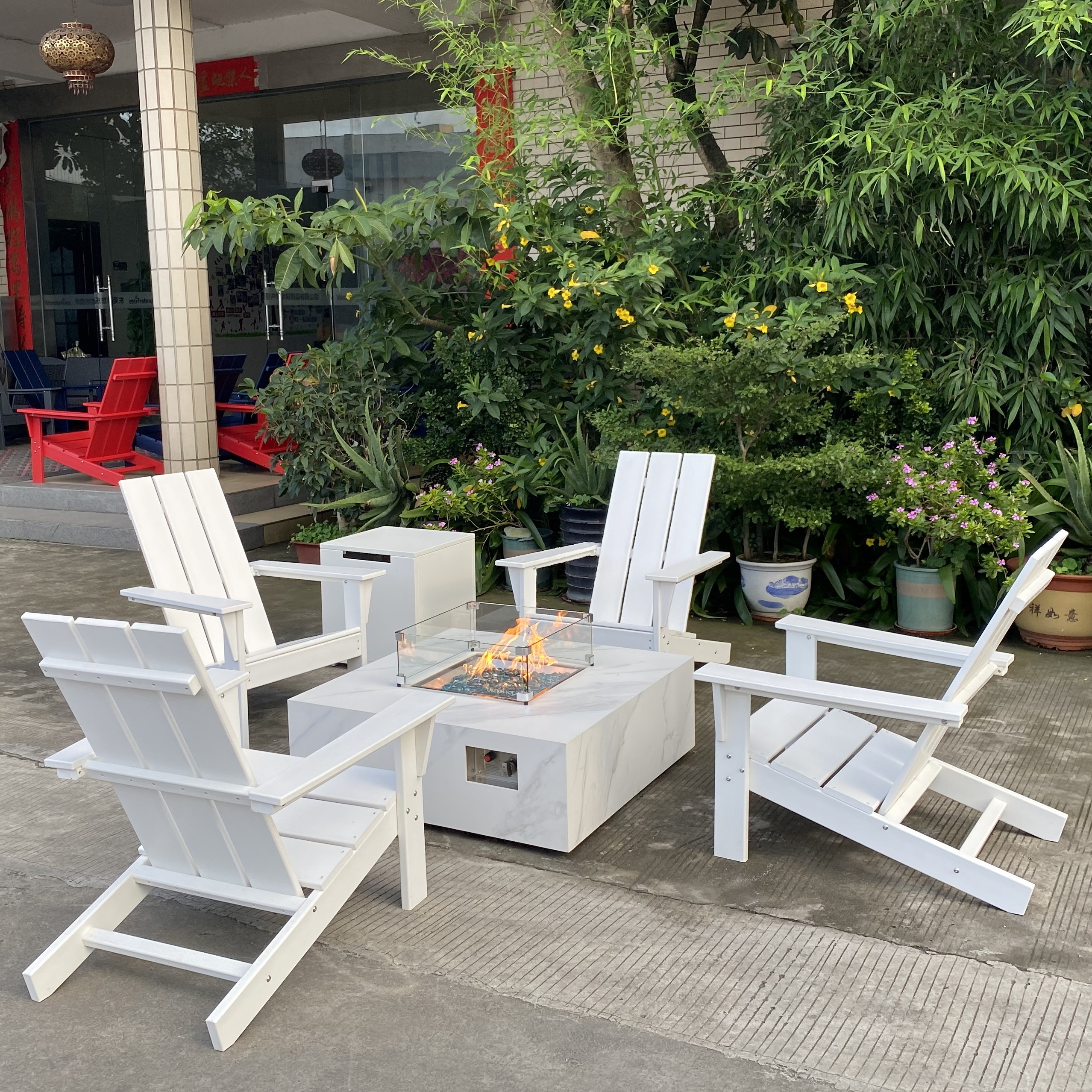 36 inch square sintered stone fire table with HDPE chairs