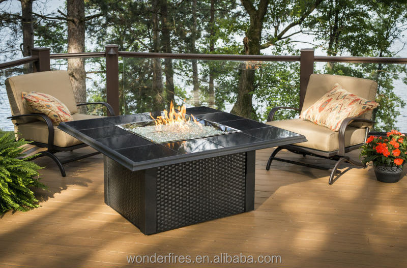 Square gas fire pit table with burner and electronic ignition for outdoor patio use