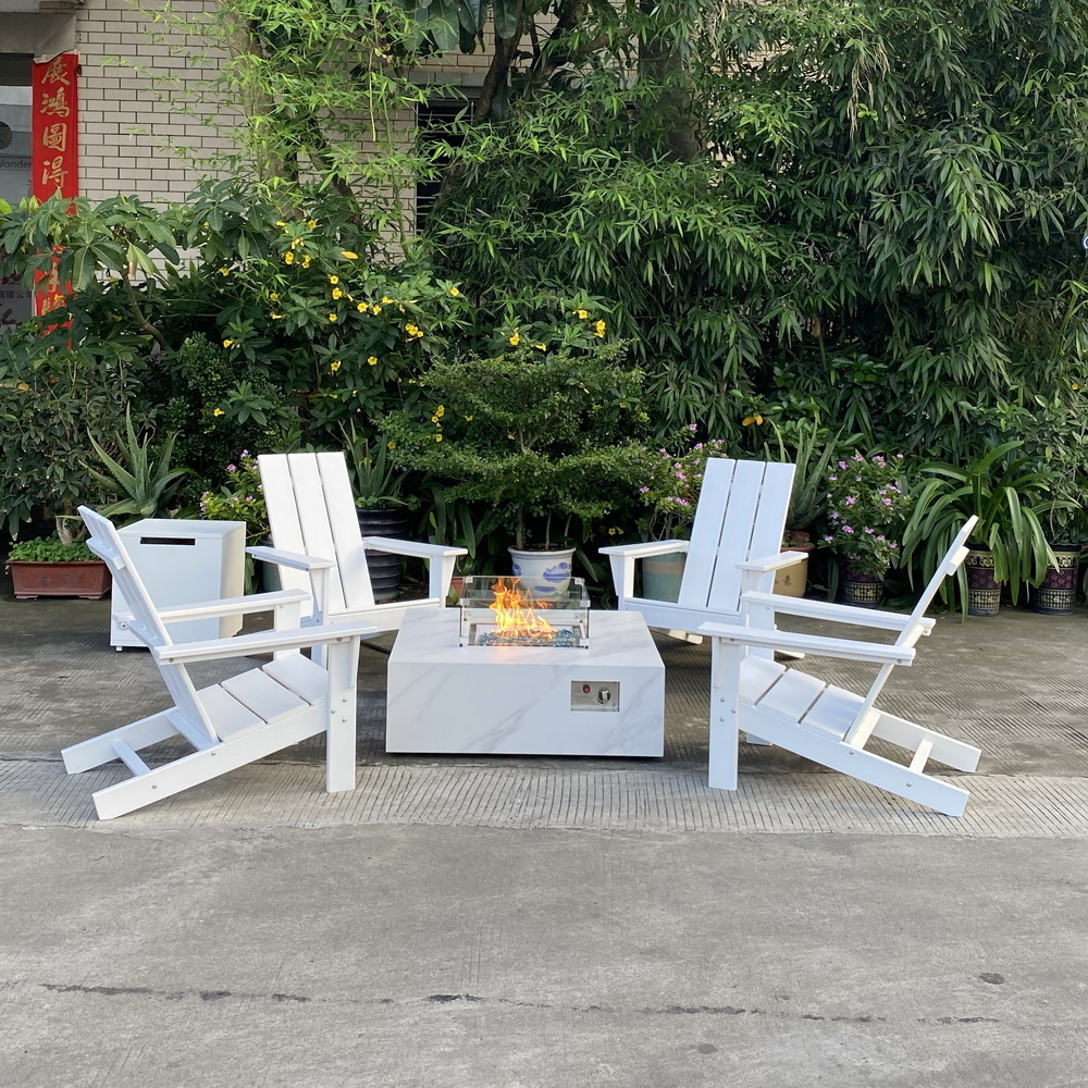 36 inch square sintered stone fire table with HDPE chairs