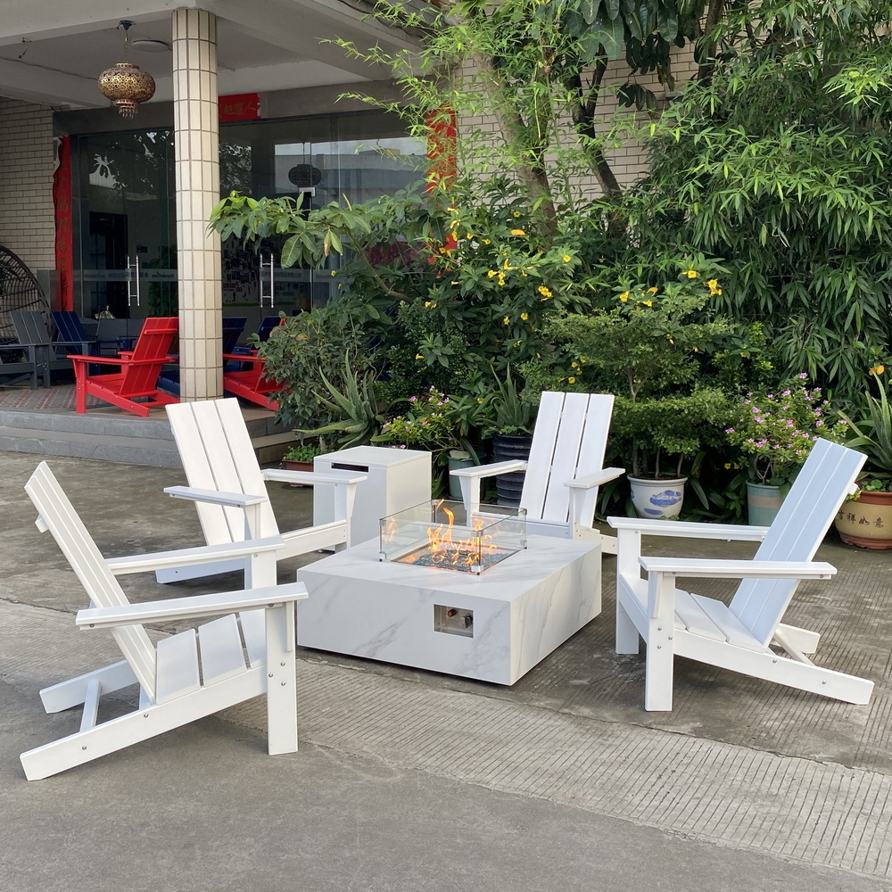 36 inch square sintered stone fire table with HDPE chairs