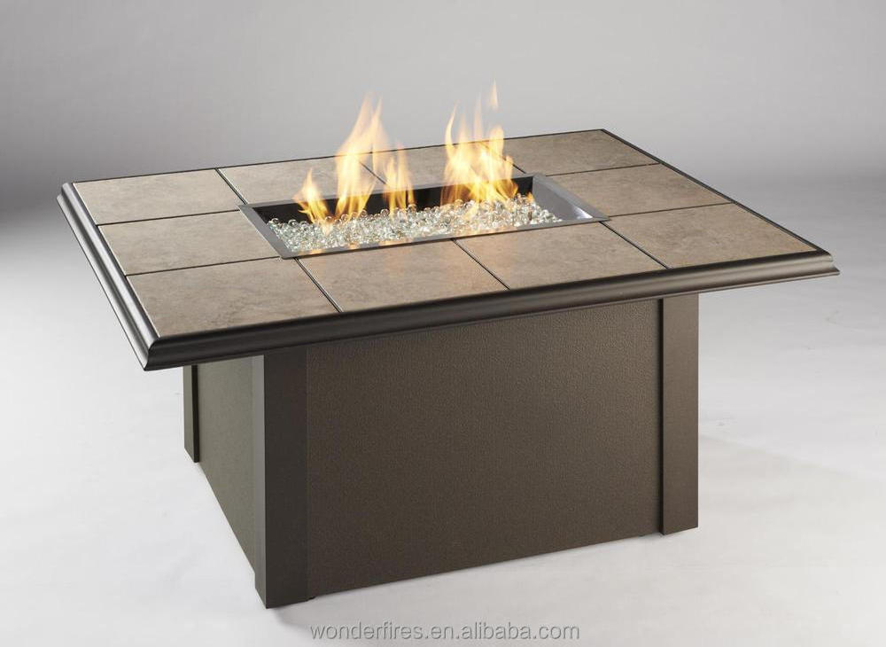 Square gas fire pit table with burner and electronic ignition for outdoor patio use