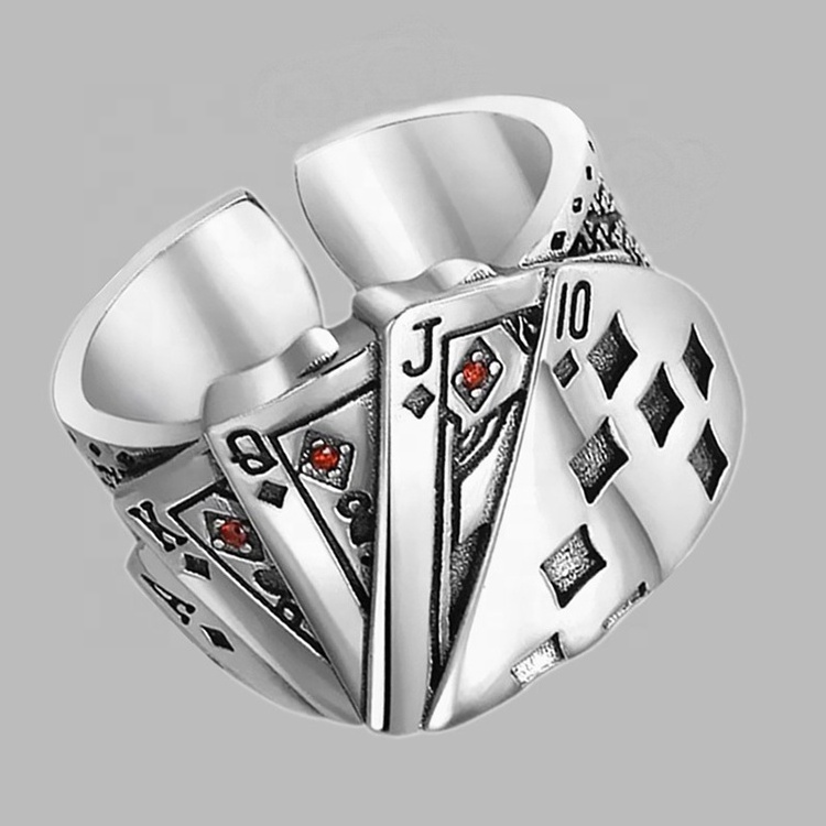 European and American Most INS Fashion Cool Straight Flush Playing Card Ring Black Full House Poker Ring