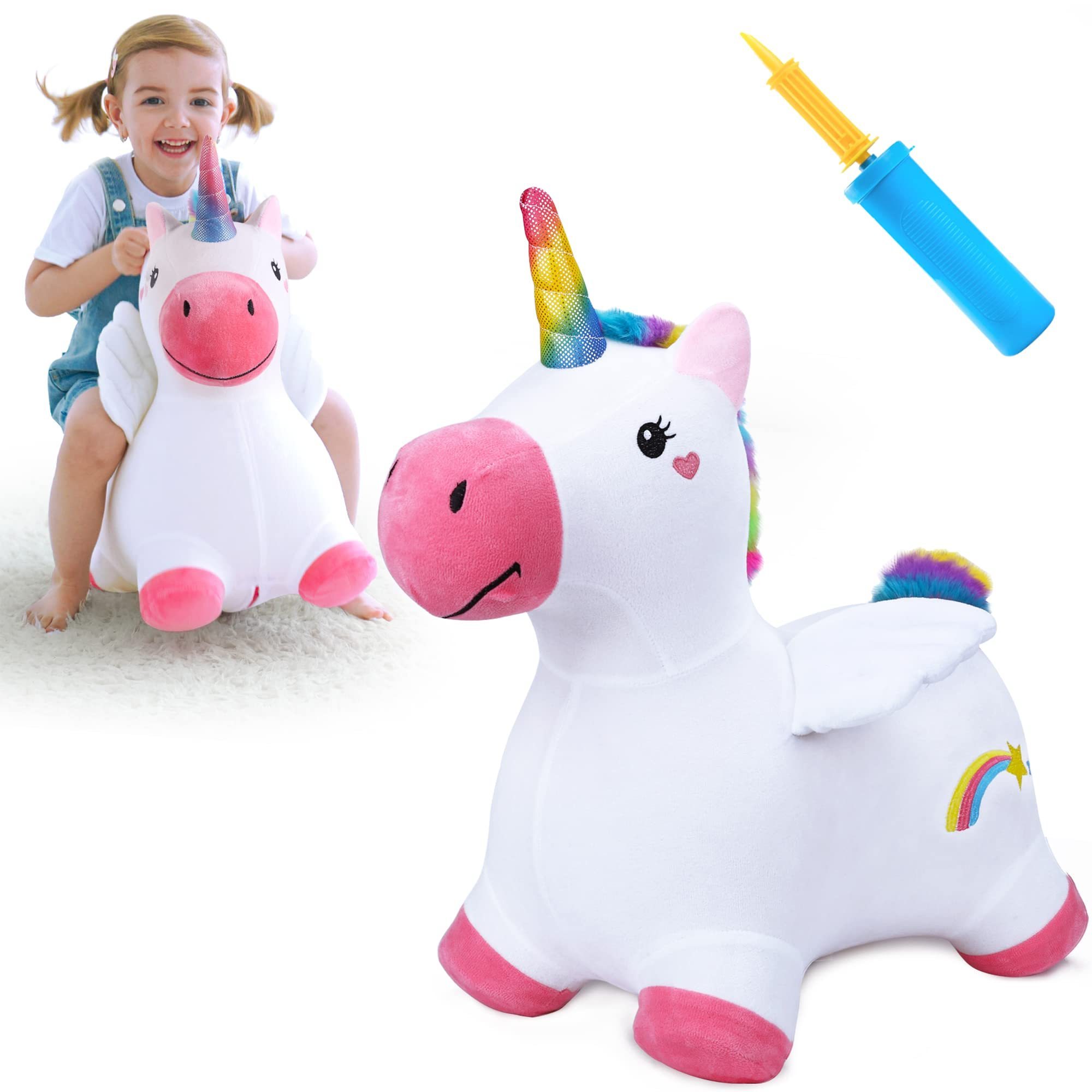 Outdoor Indoor Ride on Bouncer Toy Toddler Girl Bouncing Animal Hopper Unicorn Inflatable Plush Hopping Toy